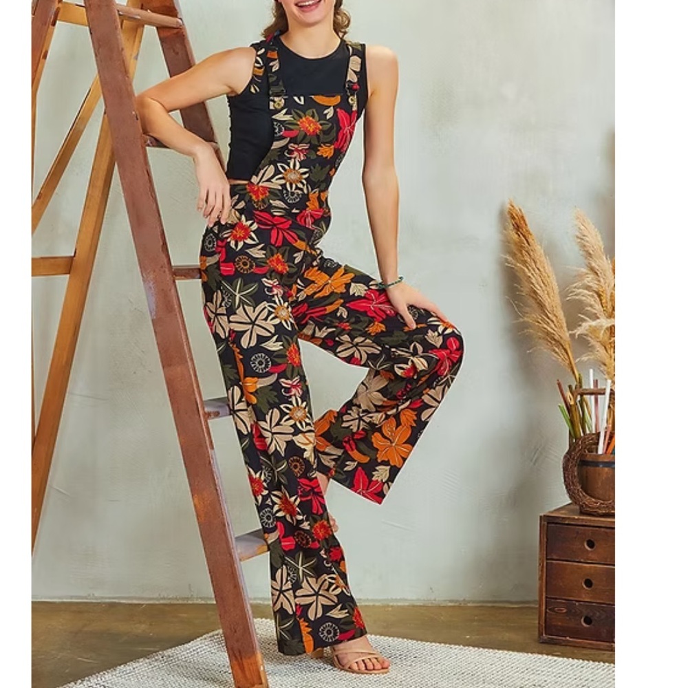 Floral Multicolor Women's Jumpsuit S NEW Jungle Print Overalls Linen Cotton Boho - Picture 2 of 13